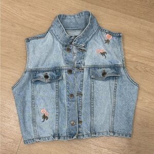Vintage 90's Top, Y2K County Seat Denim Trucker Vest Floral Embroidered